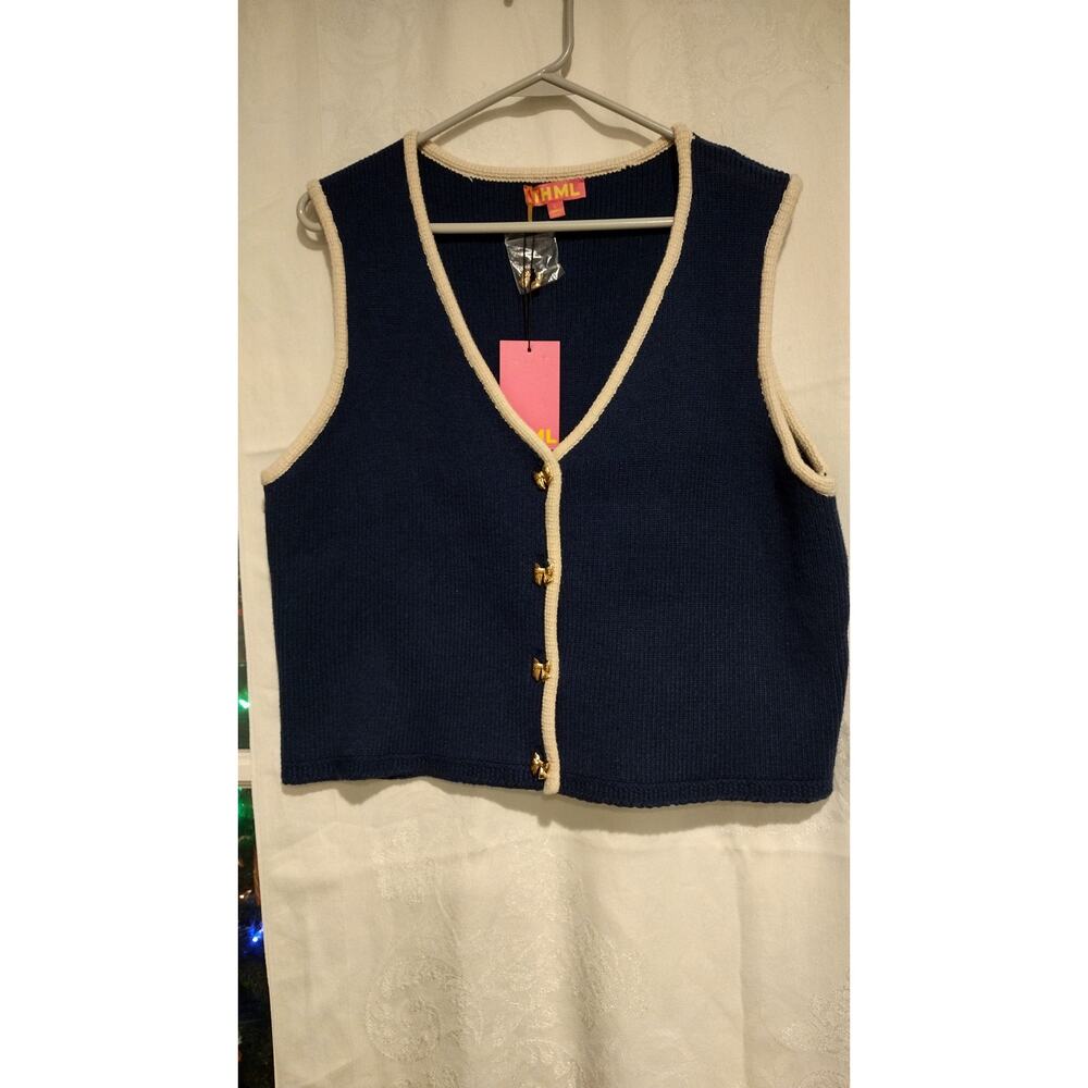 THML Large Navy Sweater Vest Button Up Preppy Nautical Academia Bow NWT